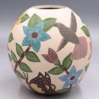 Polychrome jar with a sgraffito and painted hummingbird, butterfly, flower, leaf and branch design
 by Blanca Arras of Mata Ortiz and Casas Grandes