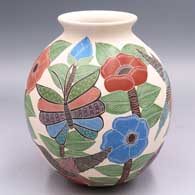Polychrome jar with a rolled lip and a sgraffito and painted hummingbird, butterfly, flower, leaf and branch design
 by Karla Flores of Mata Ortiz and Casas Grandes