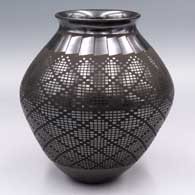 Black-on-black jar with a flared rim and a cuadrillos and geometric design
 by Ismael Sandoval of Mata Ortiz and Casas Grandes