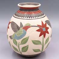 Polychrome jar with a rolled lip and a sgraffito and painted 3-panel hummingbird, flower, vine, leaf and geometric design
 by Jesus Olivas of Mata Ortiz and Casas Grandes