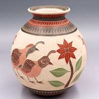 Polychrome jar with a rolled lip and a sgraffito and painted quail, flower, vine, leaf and geometric design
 by Jesus Olivas of Mata Ortiz and Casas Grandes