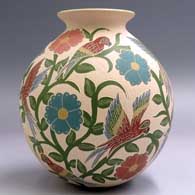 Polychrome jar with a rolled lip and a sgraffito and painted bird, flower and vine design, click or tap to see a larger version