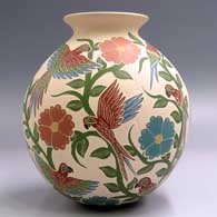 Polychrome jar with a rolled lip and a sgraffito and painted bird, flower and vine design, click or tap to see a larger version