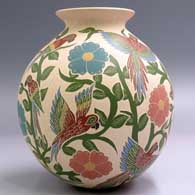 Polychrome jar with a rolled lip and a sgraffito and painted bird, flower and vine design, click or tap to see a larger version