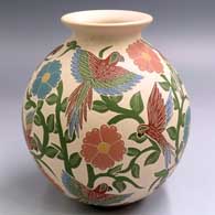Polychrome jar with a rolled lip and a sgraffito and painted bird, flower and vine design
 by Karina Mora of Mata Ortiz and Casas Grandes