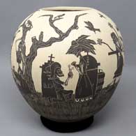 A black and white jar with sgraffito Day of the Dead motif
 by Emiliano Rodriguez of Mata Ortiz and Casas Grandes