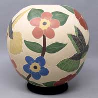 Polychrome jar with sgraffito and painted bird, branch and flower design, click or tap to see a larger version