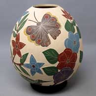 Polychrome sgraffito and painted bird, butterfly, branch and flower design
 by Blanca Arras of Mata Ortiz and Casas Grandes