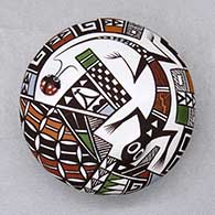 A miniature polychrome seed pot decorated with lizard and lady bug appliques and painted with a fineline and geometric design
 by Sharon Lewis of Acoma