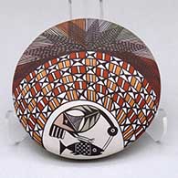 A polychrome seed pot decorated with a cloudeater, fish, fineline and geometric design
 by Diane Lewis of Acoma