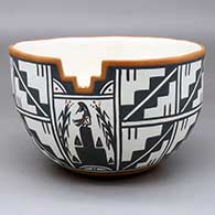 A polychrome bowl with a kiva step cutout in the rim and decorated on the outside with a corn stalk, flute player and geometric design
 by John Montoya of Sandia