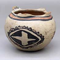 A polychrome bowl with knobs on the rim and decorated with a four-panel geometric design
 by Unknown of Cochiti