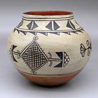 A polychrome jar decorated with black-on-white bands of geometric design around the neck and a four-panel geometric design around the body
 by Unknown of Cochiti