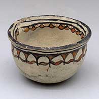 A polychrome bowl decorated inside with a plant and geometric design, and on the outside with a geometric design
 by Unknown of Cochiti