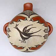 A polychrome canteen with handles and decorated on top with a roadrunner, cloud formation and geometric design
 by Unknown of Zia