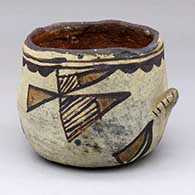 A polychrome bowl with handles, a four-panel geometric design and fire clouds
 by Unknown of Zuni