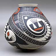 A jar with a flared rim and decorated with a three panel geometric design, click or tap to see a larger version