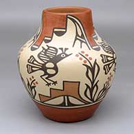 A polychrome jar with a four-panel roadrunner, flower, rain cloud and geometric design
 by Ruby Panana of Zia
