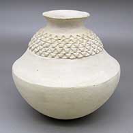 White jar with a flared opening and a corrugated band
 by Mary Ann Hampton of Acoma