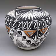A polychrome jar decorated with a four-panel fine line, kiva step, rain cloud and geometric design
 by Roxanne Victorino of Acoma