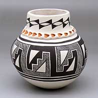 A polychrome jar decorated with a band of corrugation below a band of geometric design on the neck and above a four-panel fine line, kiva step and geometric design around the shoulder
 by Marie S Juanico of Acoma