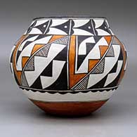 A polychrome jar decorated with a six-panel kiva step, fine line and geometric design, click or tap to see a larger version