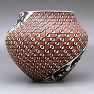 A polychrome jar decorated with two spiral bands of animals with heart line separated by fields of checkerboard and geometric design, click or tap to see a larger version
