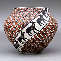 A polychrome jar decorated with two spiral bands of animals with heart line separated by fields of checkerboard and geometric design, click or tap to see a larger version