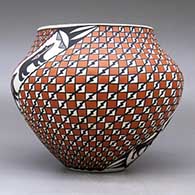 A polychrome jar decorated with two spiral bands of animals with heart line separated by fields of checkerboard and geometric design, click or tap to see a larger version