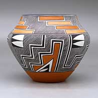 A polychrome jar decorated around the body with a four-panel kiva step, fineline and geometric design, click or tap to see a larger version