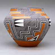 A polychrome jar decorated around the body with a four-panel kiva step, fineline and geometric design, click or tap to see a larger version