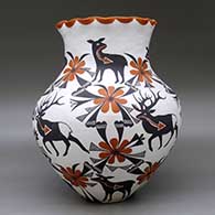 A large polychrome jar with a pie crust rim and decorated with a deer-with-heart-line and geometric design, click or tap to see a larger version