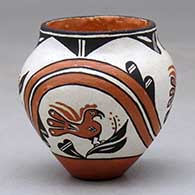 A miniature polychrome jar decorated with a parrot, branch, leaf, flower, rainbow and geometric design
 by Barbara and Joseph Cerno Sr of Acoma