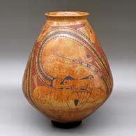 A mixed-clay jar with a flared rim and a three-panel Paquime serpent, bird element, feather and geometric design
 by Elisa Ortiz of Mata Ortiz and Casas Grandes
