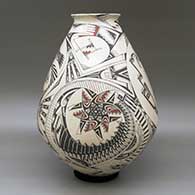A large polychrome jar with a rolled lip and decorated with a bird element, fish and geometric design, click or tap to see a larger version