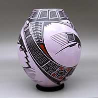 A polychrome jar decorated with a three panel bird element and geometric design, click or tap to see a larger version
