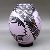 A polychrome jar decorated with a three panel bird element and geometric design, click or tap to see a larger version