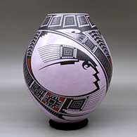 A polychrome jar decorated with a three panel bird element and geometric design, click or tap to see a larger version