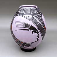 A polychrome jar decorated with a three panel bird element and geometric design
 by Noe Quezada of Mata Ortiz and Casas Grandes