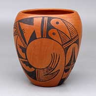 A black-on-red jar decorated with a two-panel bird element and geometric design
 by Ethel Youvella of Hopi