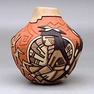A polychrome jar with an organic opening and lightly carved and painted with a kachina dancer, bird element, corn plant and geometric design, click or tap to see a larger version