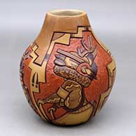 A polychrome jar decorated with a carved, sgraffito and painted deer dancer, koshare, kiva ladder and geometric design
 by Elvira Nampeyo of Hopi