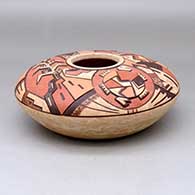 A low shouldered polychrome mixed-clay jar decorated above the shoulder with a lightly carved, sgraffito and painted corn stalk, turtle and geometric design
 by Delmar Polacca of Hopi