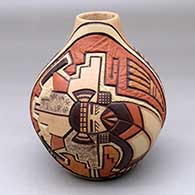 Click for a larger view A polychrome jar decorated with a carved, sgraffito and painted Hopi dancer, bird element and geometric design
 by Carla Nampeyo of Hopi