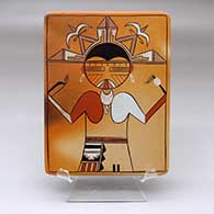 A polychrome tile decorated with a Butterfly Woman and geometric design
 by Debbie Clashin of Hopi