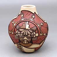 A carved and painted polychrome jar depicting the Water Maiden and a male dancer with a geometric design
 by Elvira Nampeyo of Hopi
