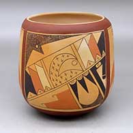 Click for a larger view A polychrome jar decorated with a four panel moth and geometric design
 by Dorothy Ami of Hopi