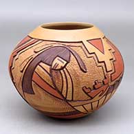 A polychrome jar decorated with a lightly carved, sgraffito and painted katsina, prayer bowl, feather, flower, cloud and geometric design
 by Thomas Polacca of Hopi