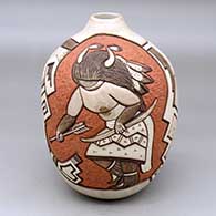 Click for a larger view A polychrome jar decorated with a lightly carved, sgraffito and painted buffalo dancer and geometric design
 by Carla Nampeyo of Hopi