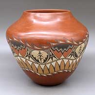 A large polychrome jar decorated with a six panel corn stalk, rain bird and geometric design
 by Juanita Fragua of Jemez